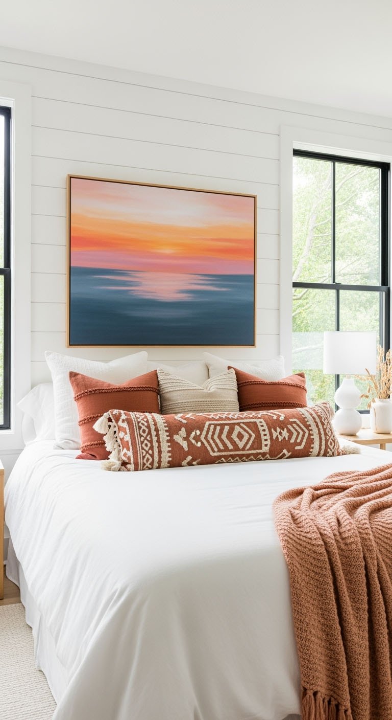 Chambre minimaliste avec tableau abstrait de coucher de soleil
