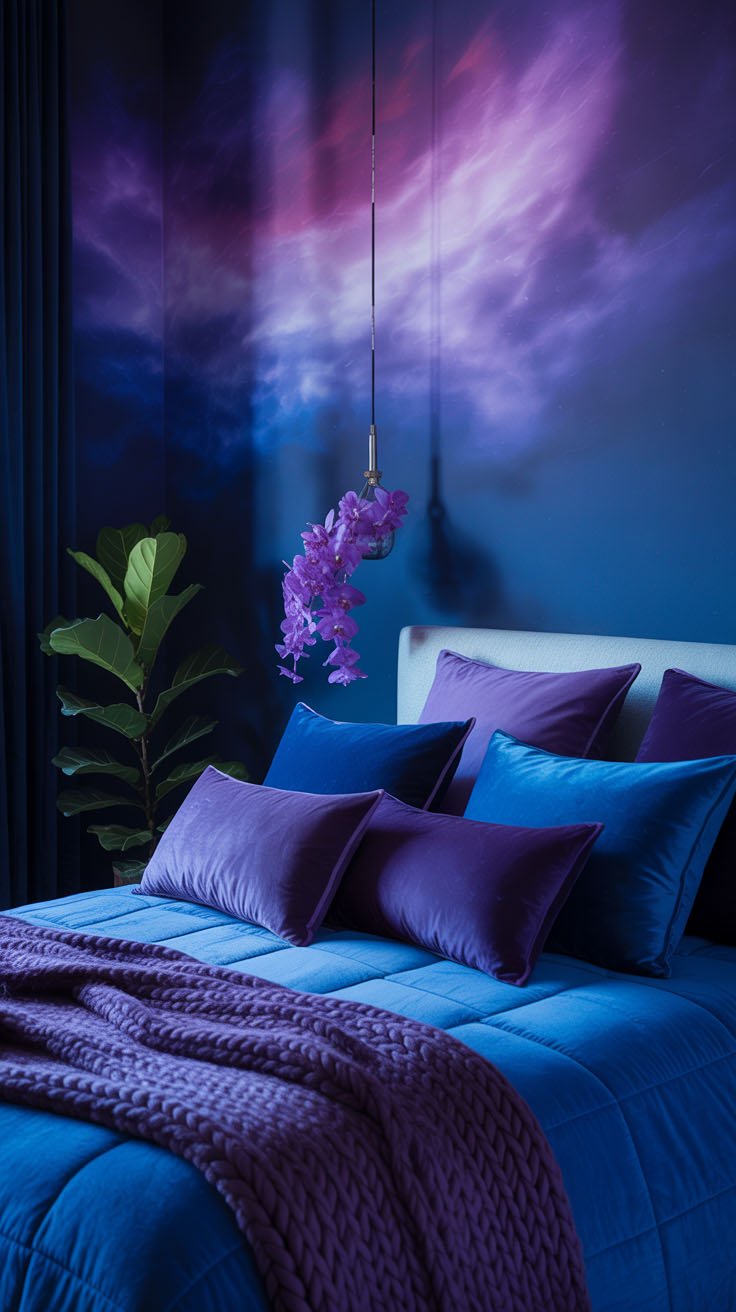 Chambre sur le thème de l'espace avec mur nébuleuse et velours