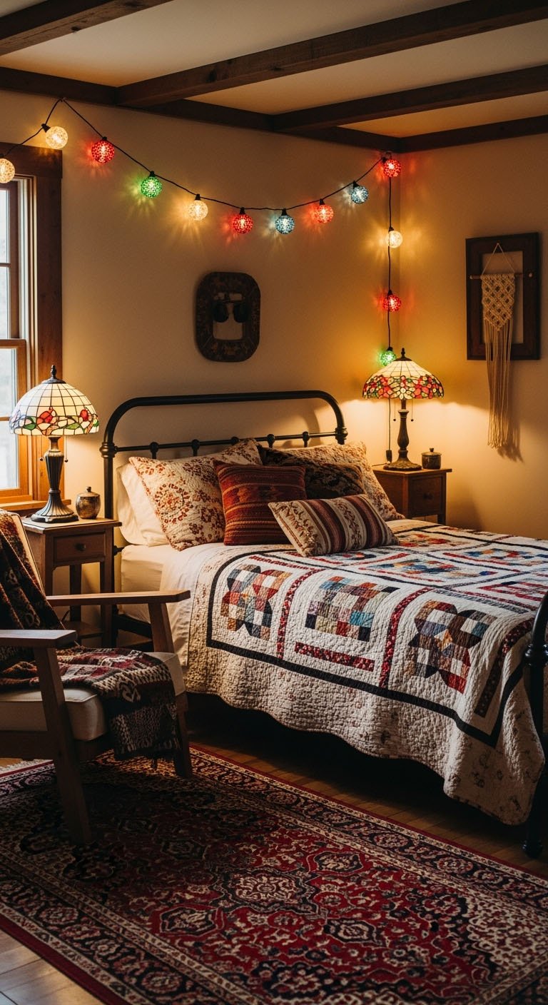 Chambre vintage avec courtepointe et guirlandes lumineuses colorées