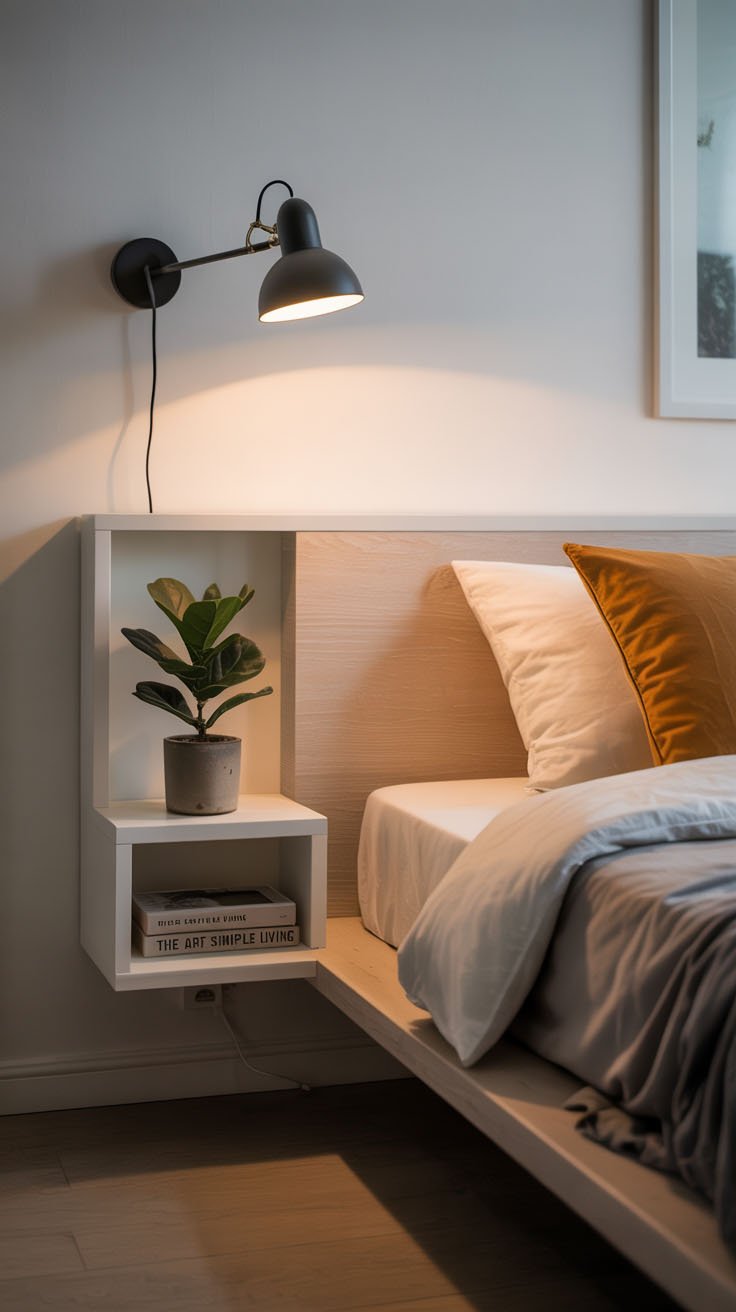 Chevet cube intégré à la tête de lit avec lampe noire articulée