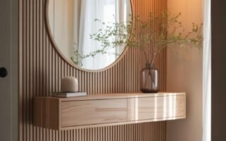 Console en bois clair avec miroir rond et pouf en rotin
