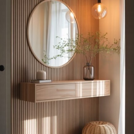 Console en bois clair avec miroir rond et pouf en rotin