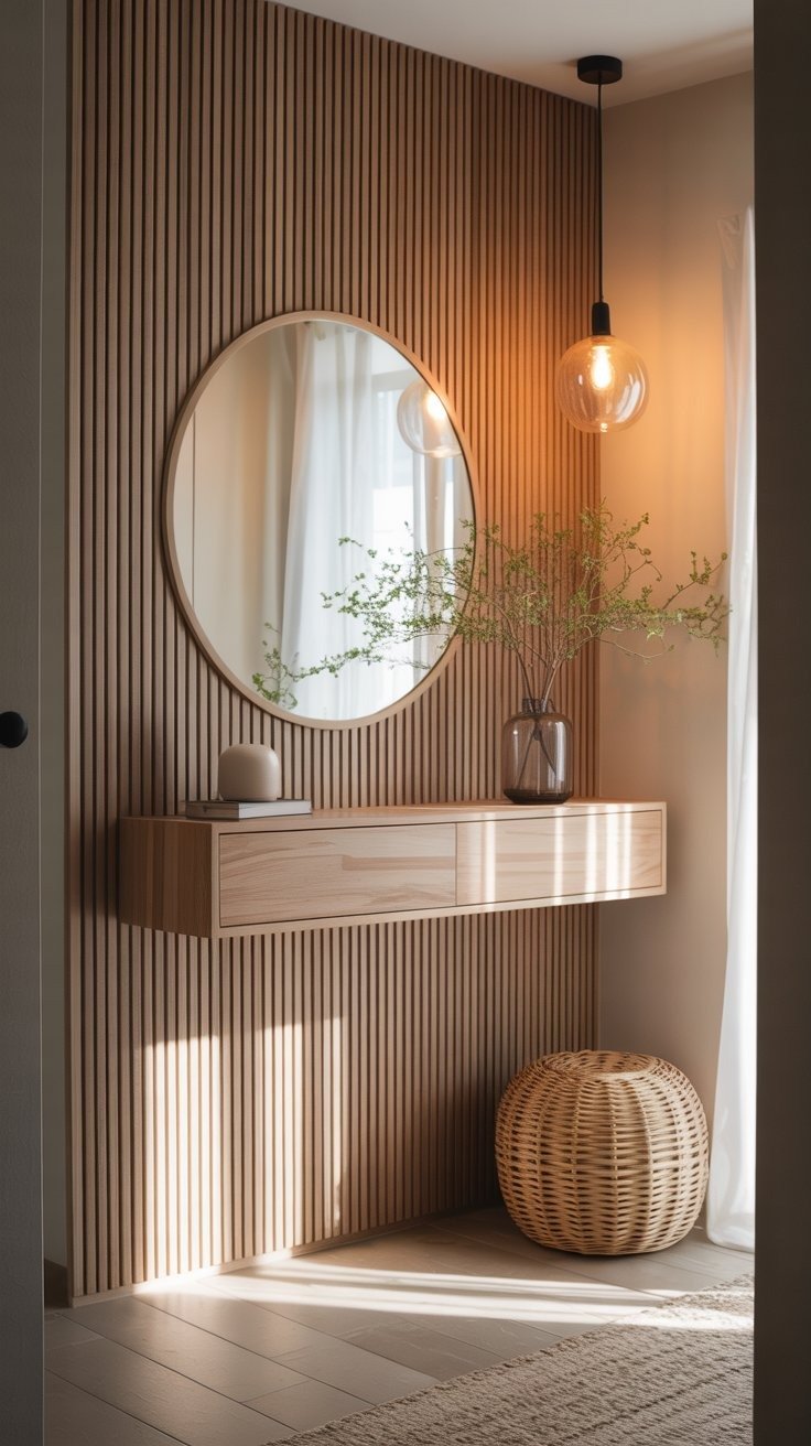 Console en bois clair avec miroir rond et pouf en rotin