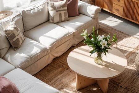 Grand canapé blanc déhoussable dans un salon style côtier