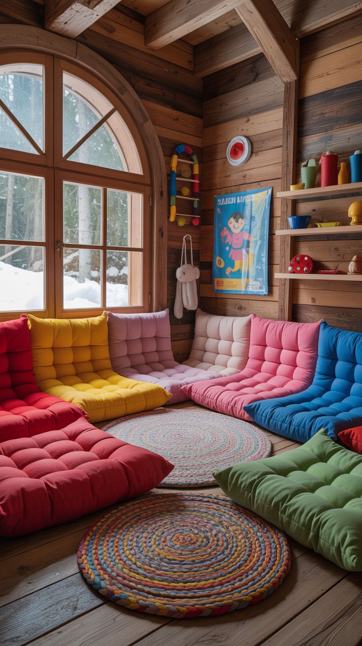 Salle de jeu pour enfants avec des matelas de sol multicolores