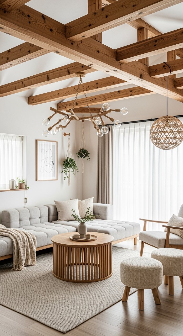 Salon avec poutres apparentes au plafond et canapé sectionnel gris