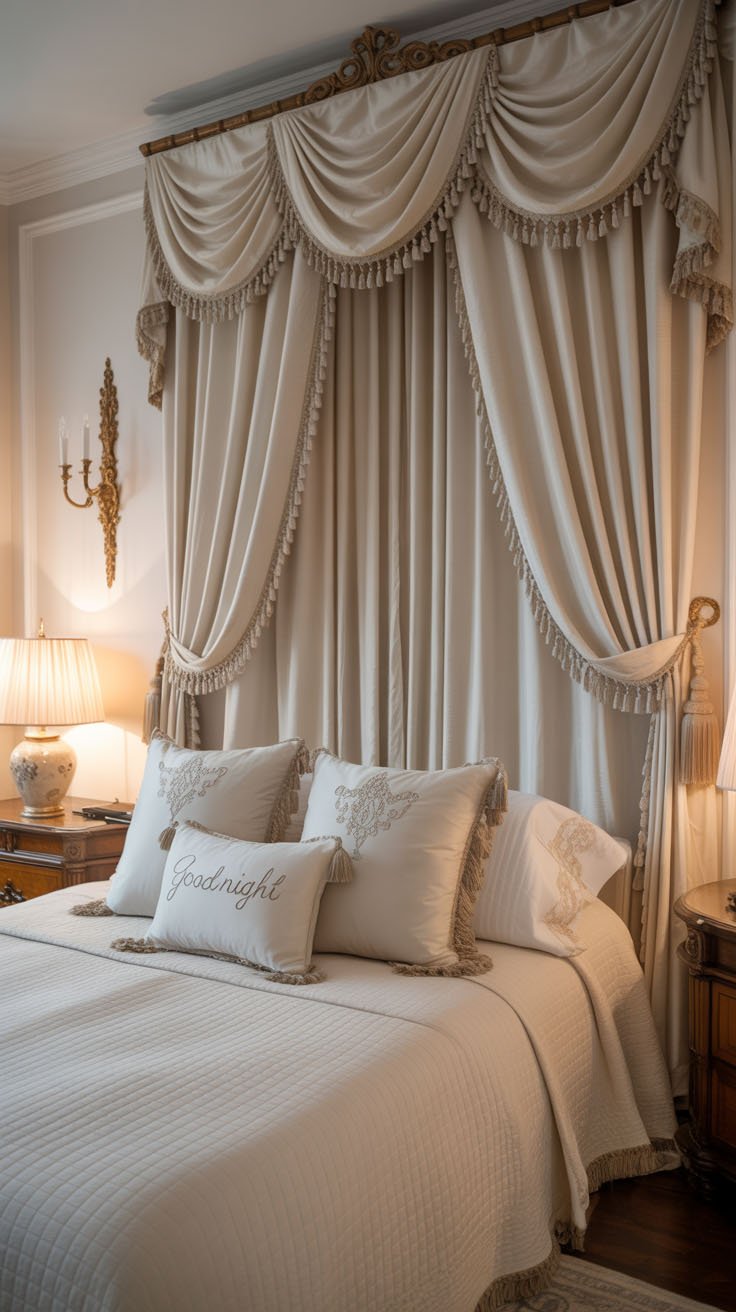 Chambre classique avec draperie crème en guise de tête de lit