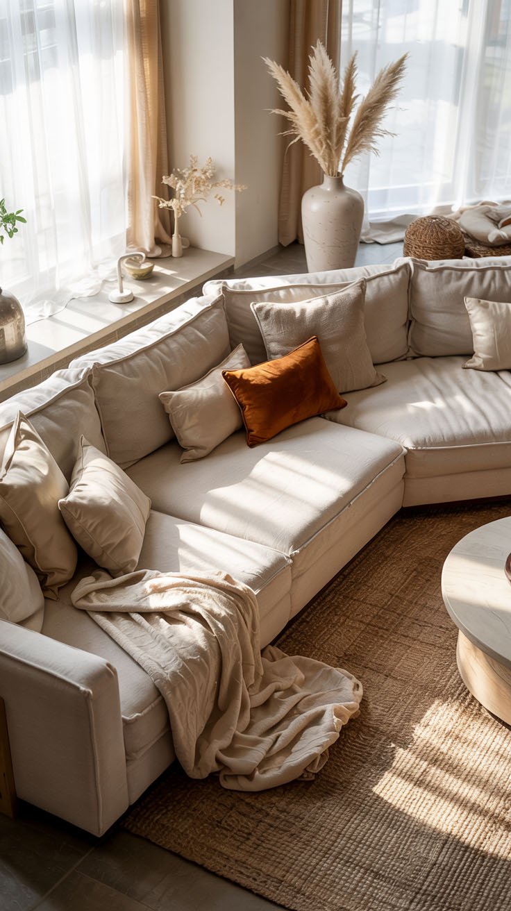 Canapé d'angle beige avec coussin orange et plaid dans un salon lumineux