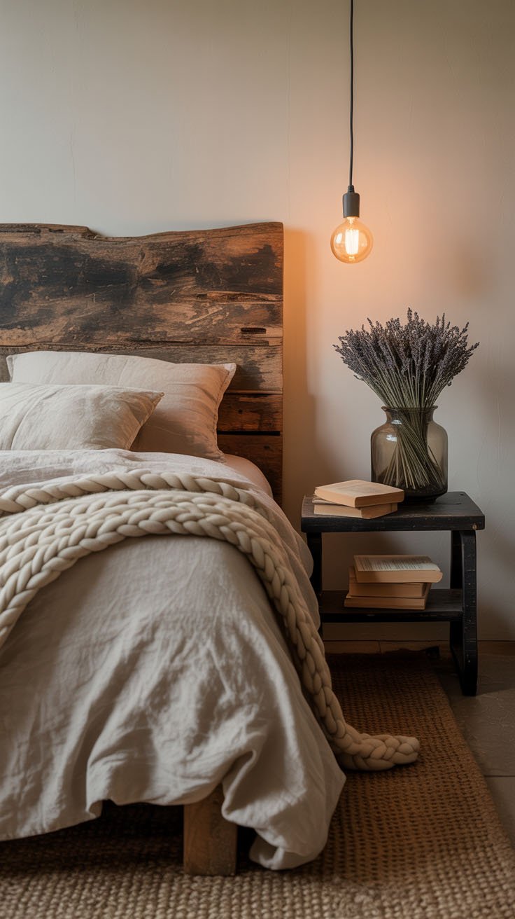 Chambre rustique avec tête de lit en bois et plaid en grosse maille