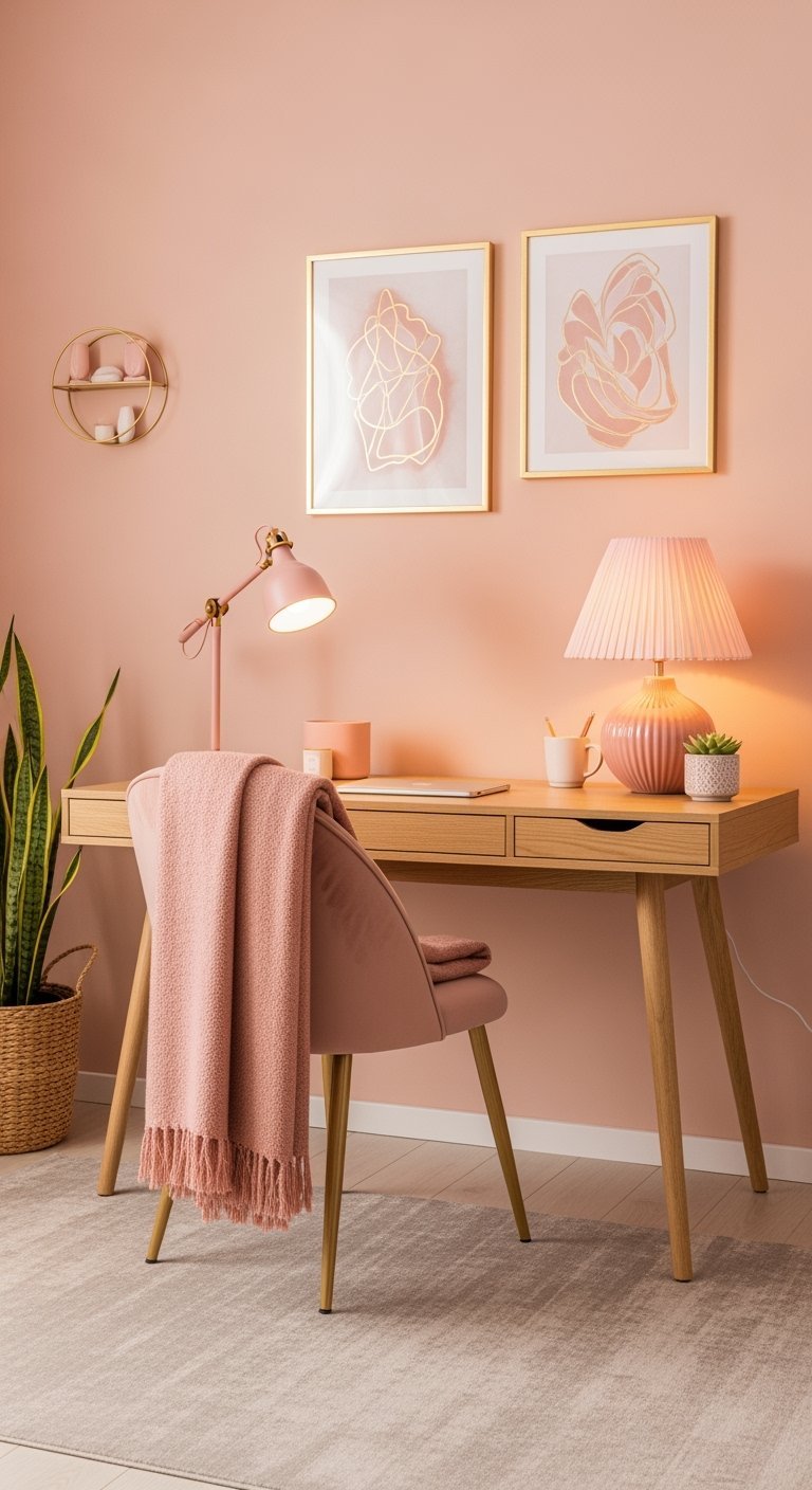 Bureau en bois avec chaise en velours rose et décorations dorées