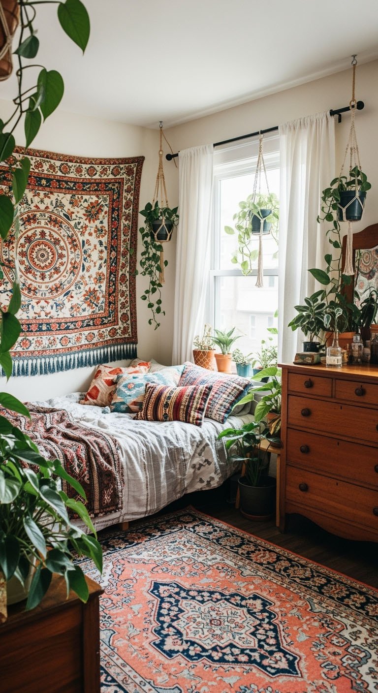 Chambre bohème remplie de plantes et tenture murale mandala