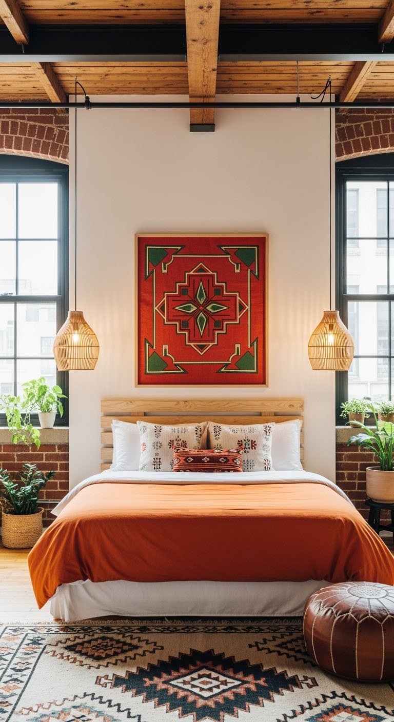 Chambre de style loft avec mur de briques et tapis ethnique