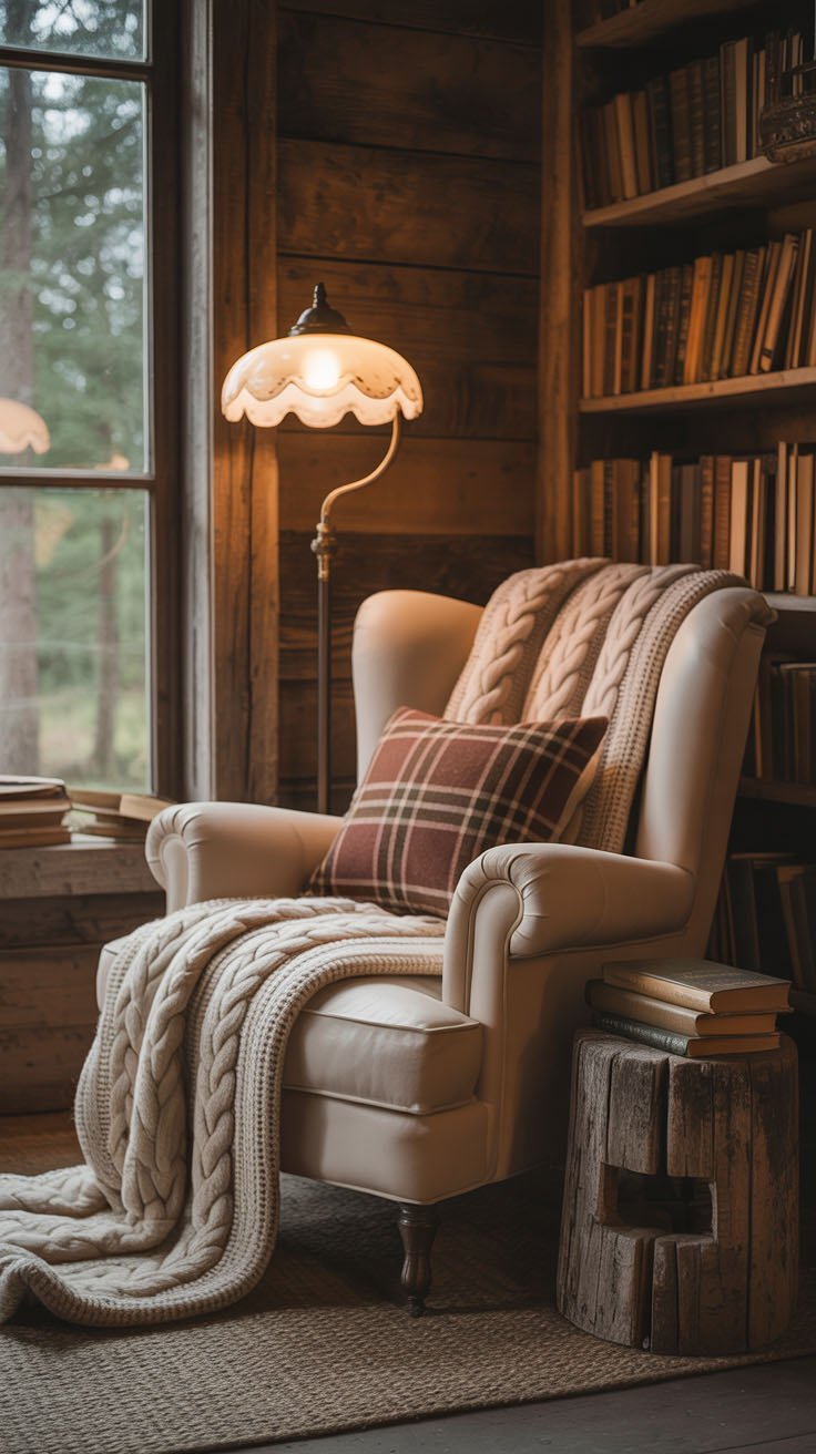Coin lecture avec fauteuil beige et bibliothèque en bois