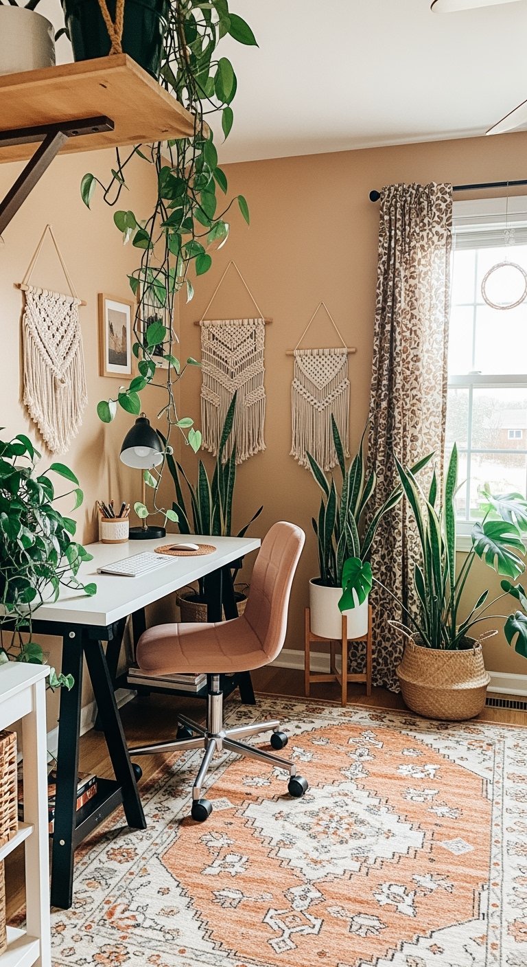 Espace de travail de style bohème avec chaise rose et nombreuses plantes vertes