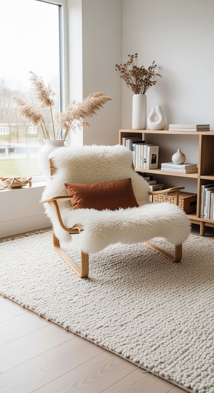 Fauteuil scandinave avec peau de mouton blanche dans un coin lecture lumineux