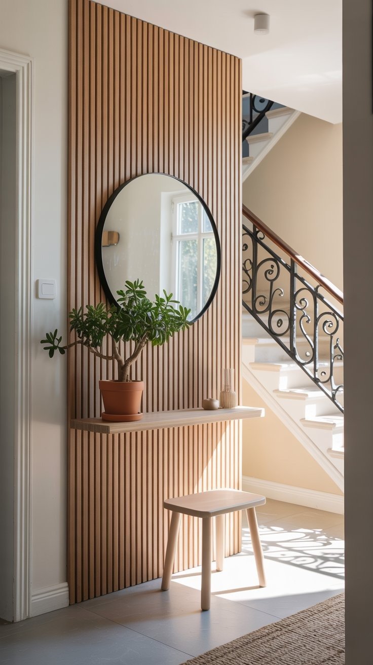 Panneau d entrée vertical en bois avec miroir et petit tabouret