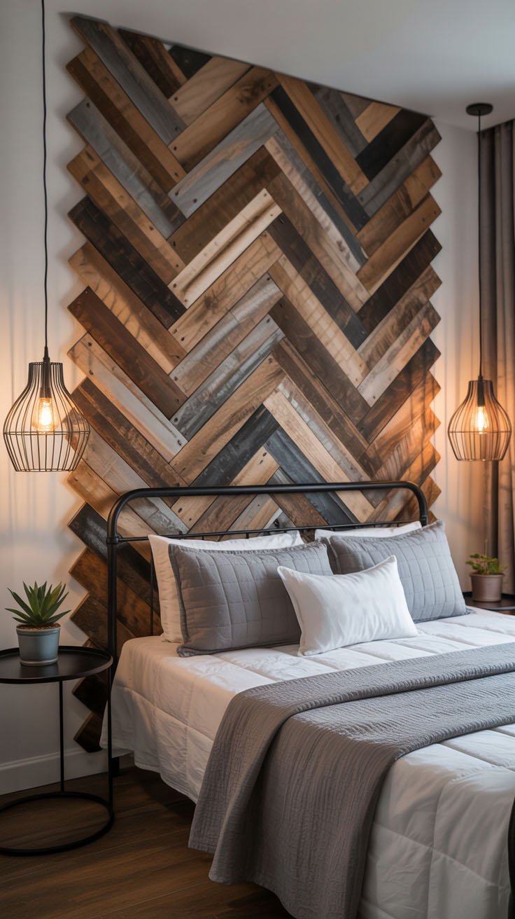 Tête de lit en bois de récupération style chevron et lampes suspendues