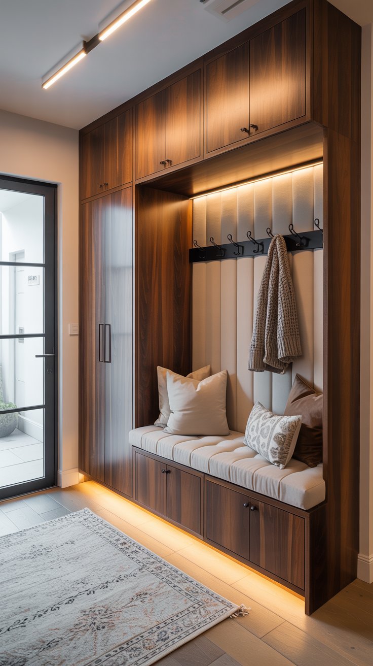 Vestiaire entrée moderne intégré en bois foncé avec banquette et éclairage LED