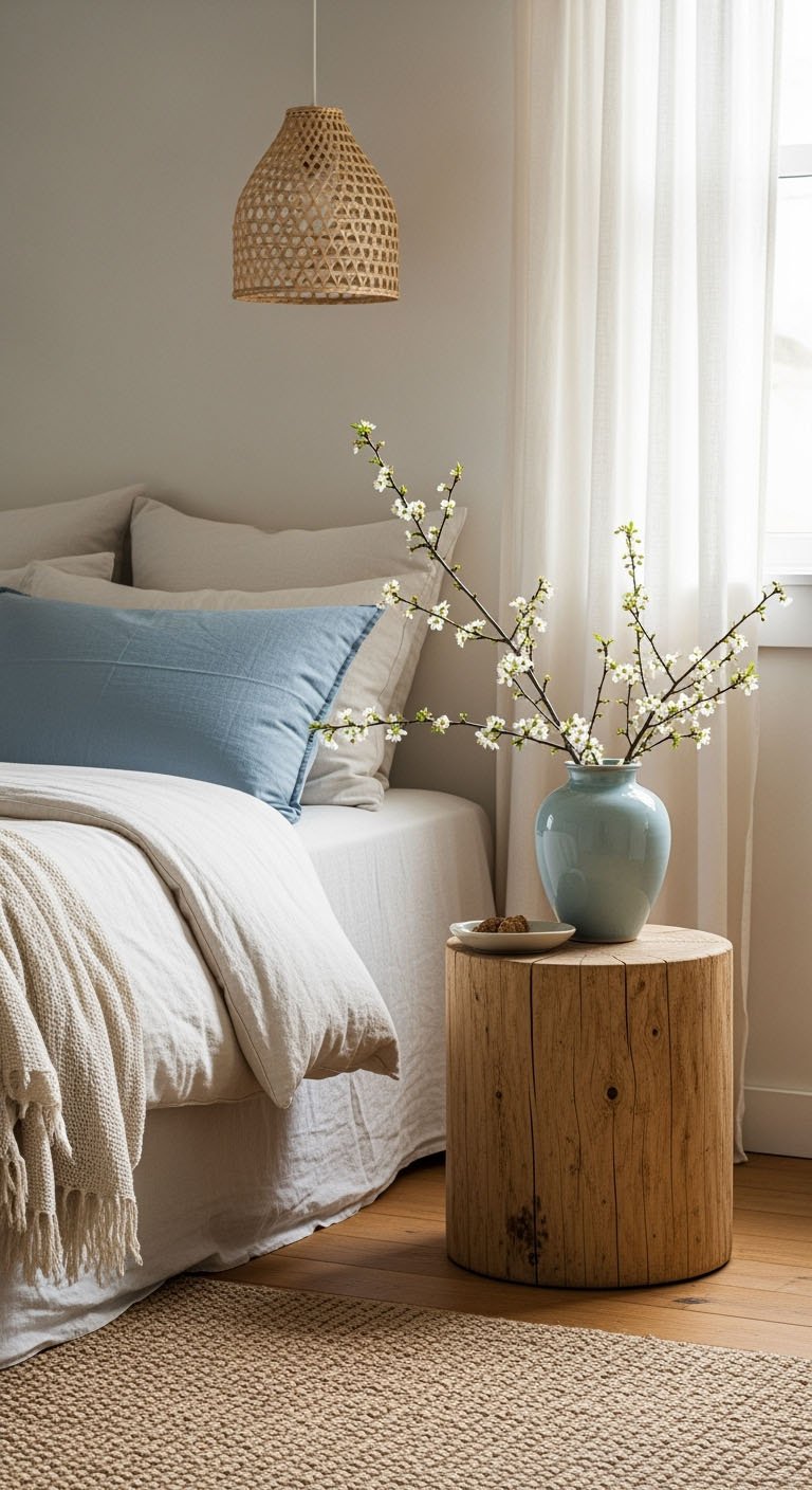 Coin de lit avec une table de chevet en tronc d'arbre et un vase de fleurs.