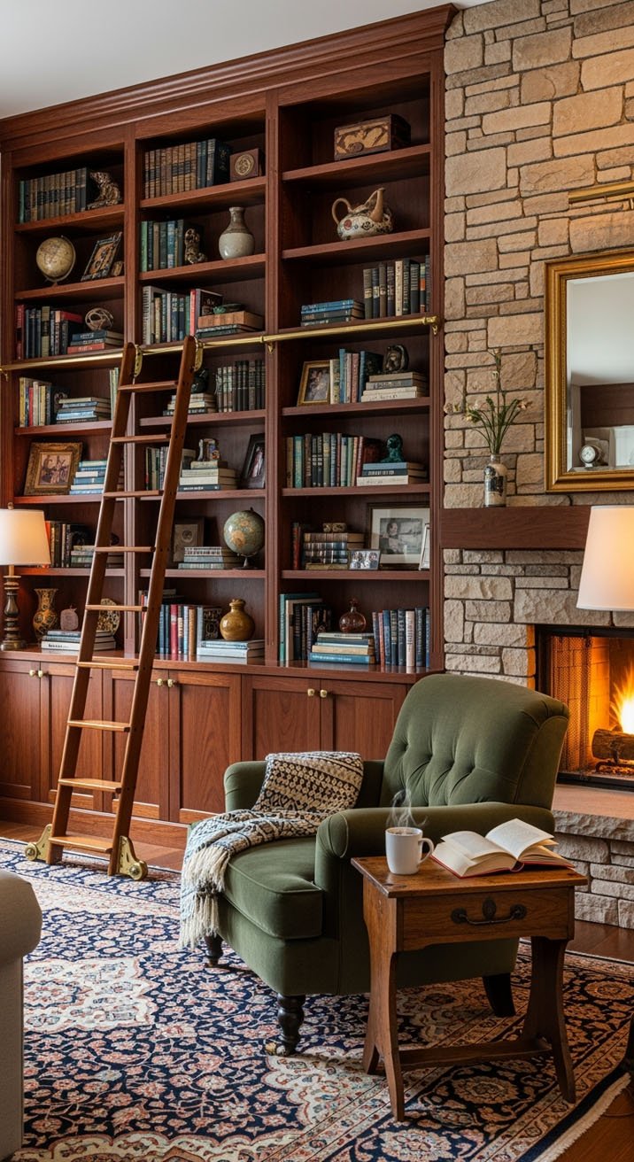 Bibliothèque traditionnelle en bois avec échelle et fauteuil vert près du feu