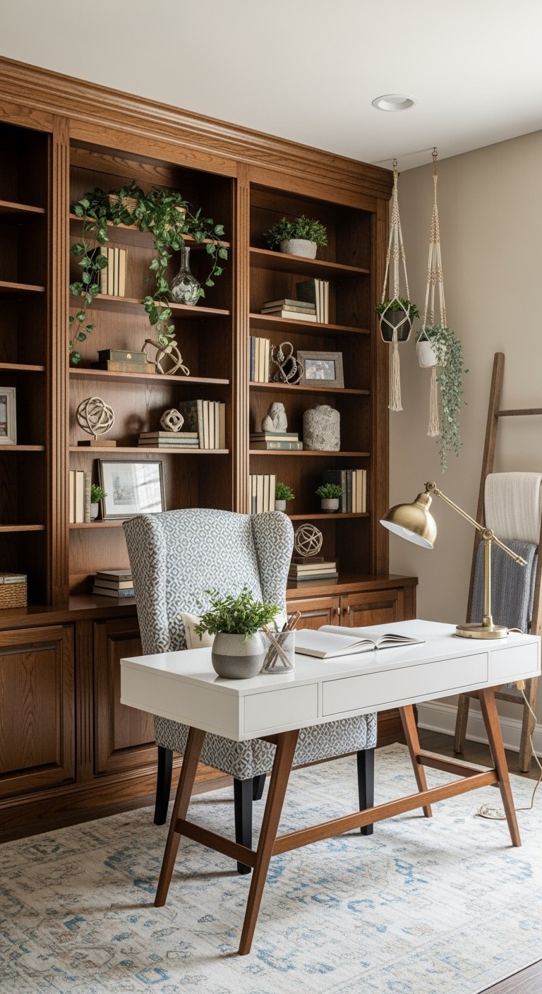 Bureau blanc devant une grande bibliothèque en bois sombre et des plantes suspendues