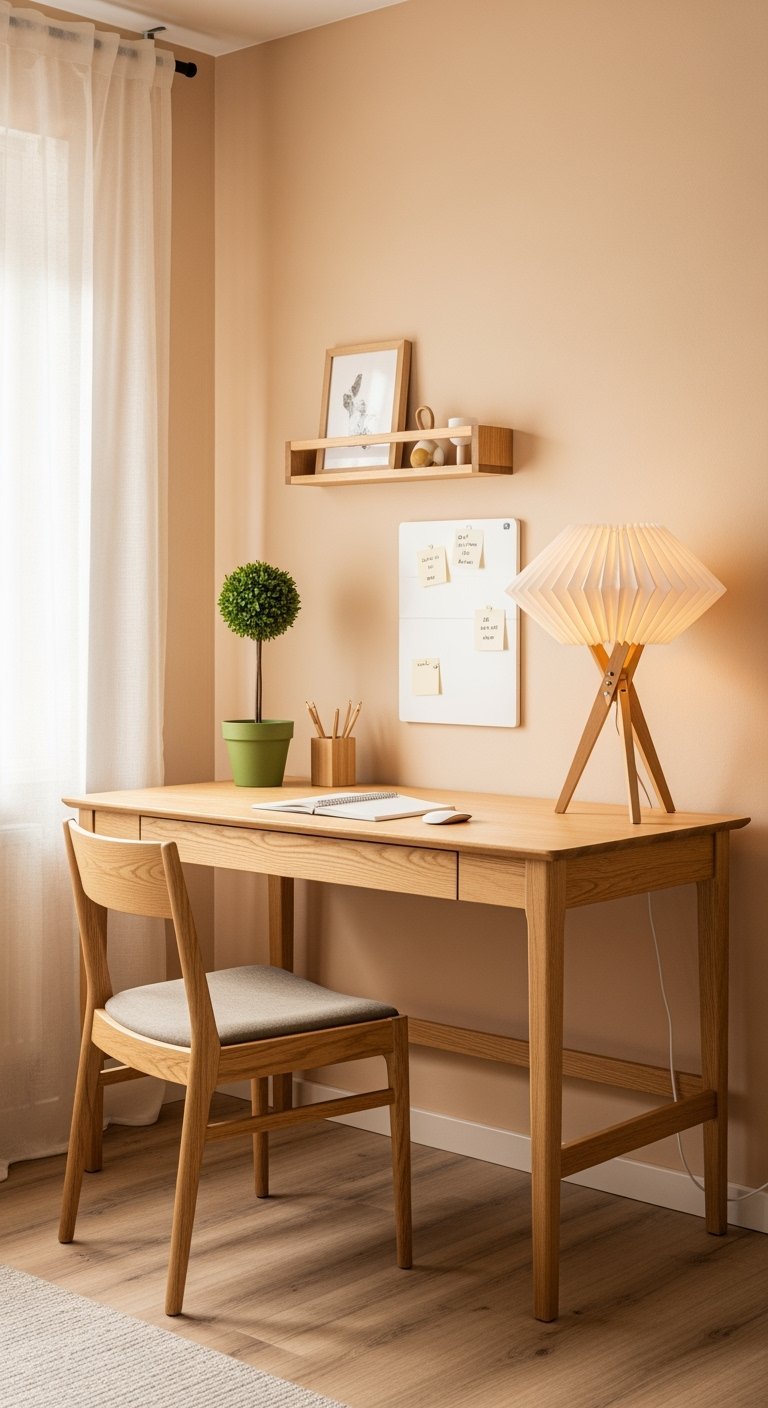 Bureau et chaise en chêne clair de style Japandi avec lampe plissée