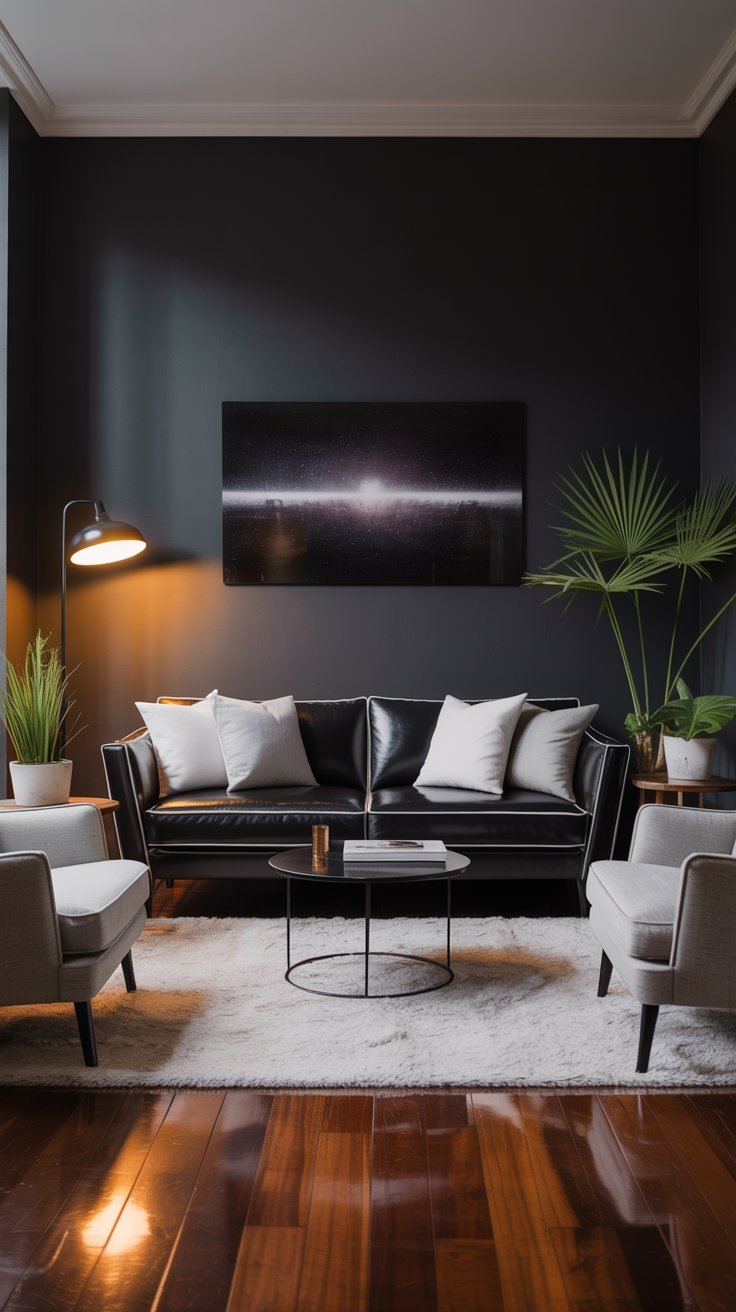 Canapé en cuir noir dans un salon aux murs sombres
