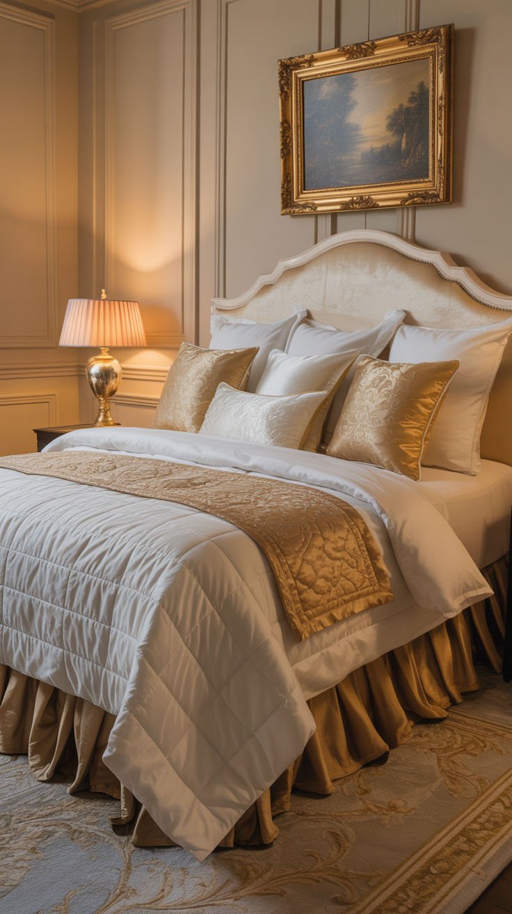 Chambre de luxe blanche et or avec des tissus satinés