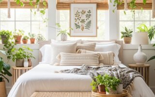 Chambre lumineuse avec plantes suspendues et stores en bambou