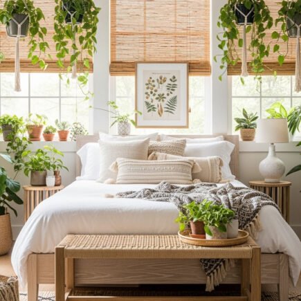 Chambre lumineuse avec plantes suspendues et stores en bambou