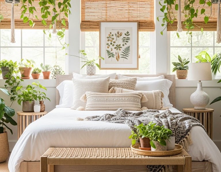 Chambre lumineuse avec plantes suspendues et stores en bambou