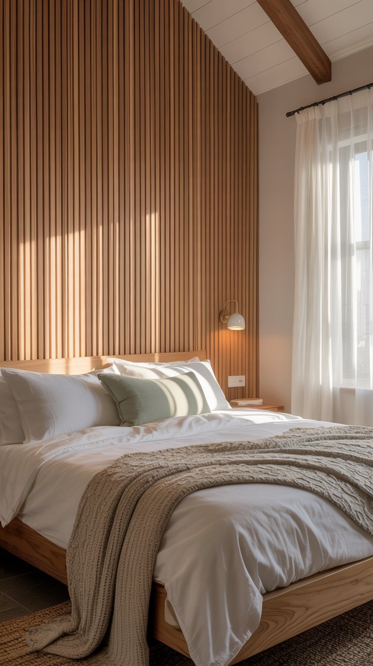 Chambre lumineuse avec un grand mur en tasseaux de bois clair derrière le lit