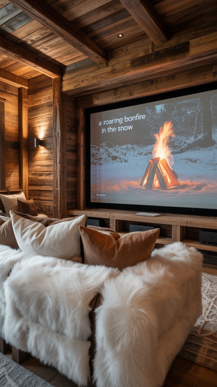 Cinéma maison avec murs en bois et canapé couvert de fourrure