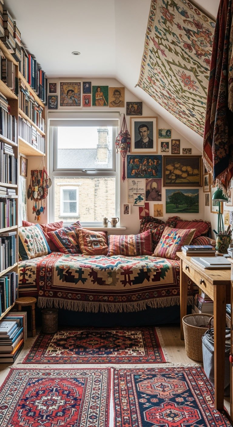 Coin lecture boheme dans une mansarde avec livres et textiles