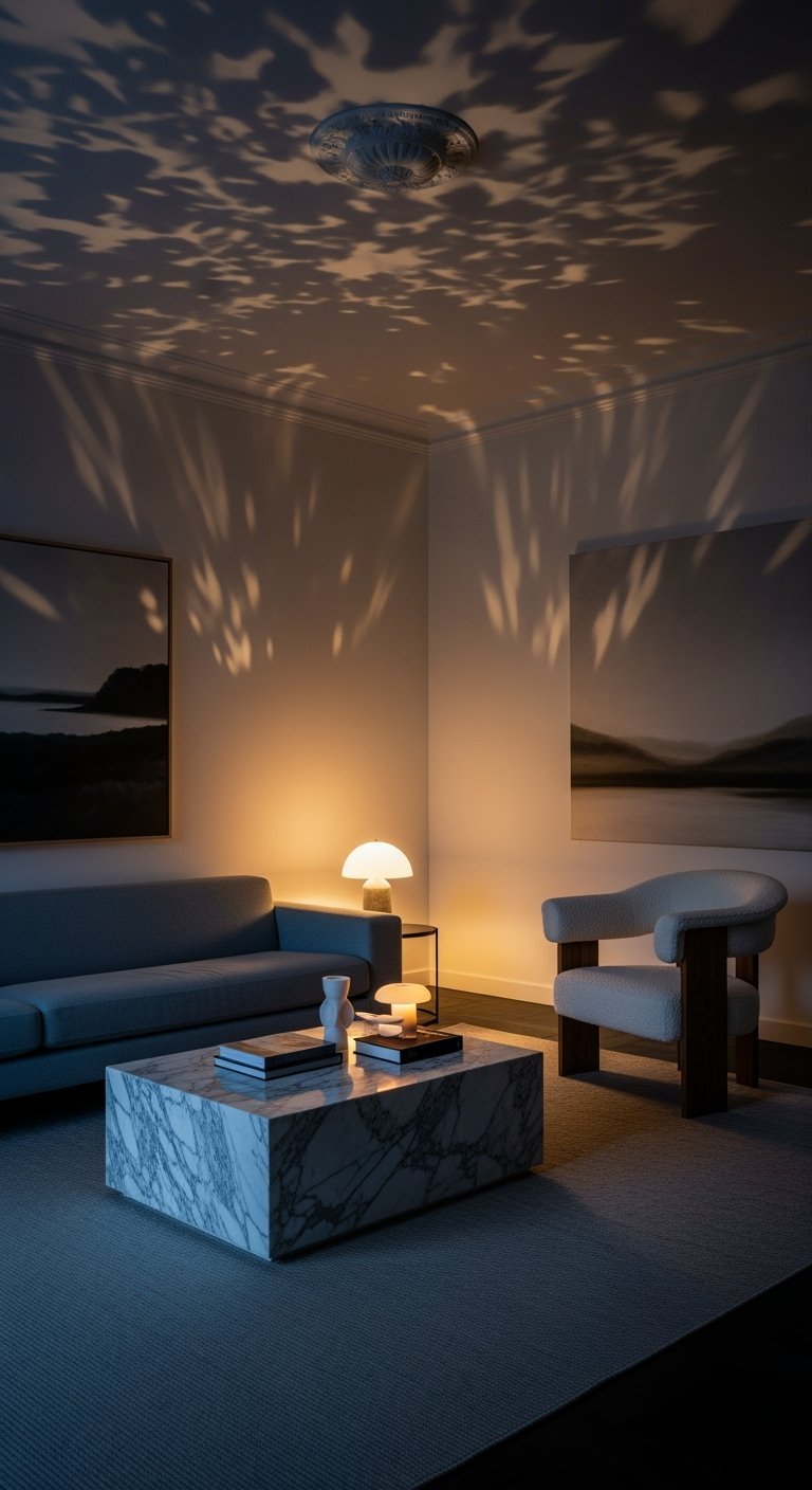 Effets de lumière projetés au plafond par une lampe de table