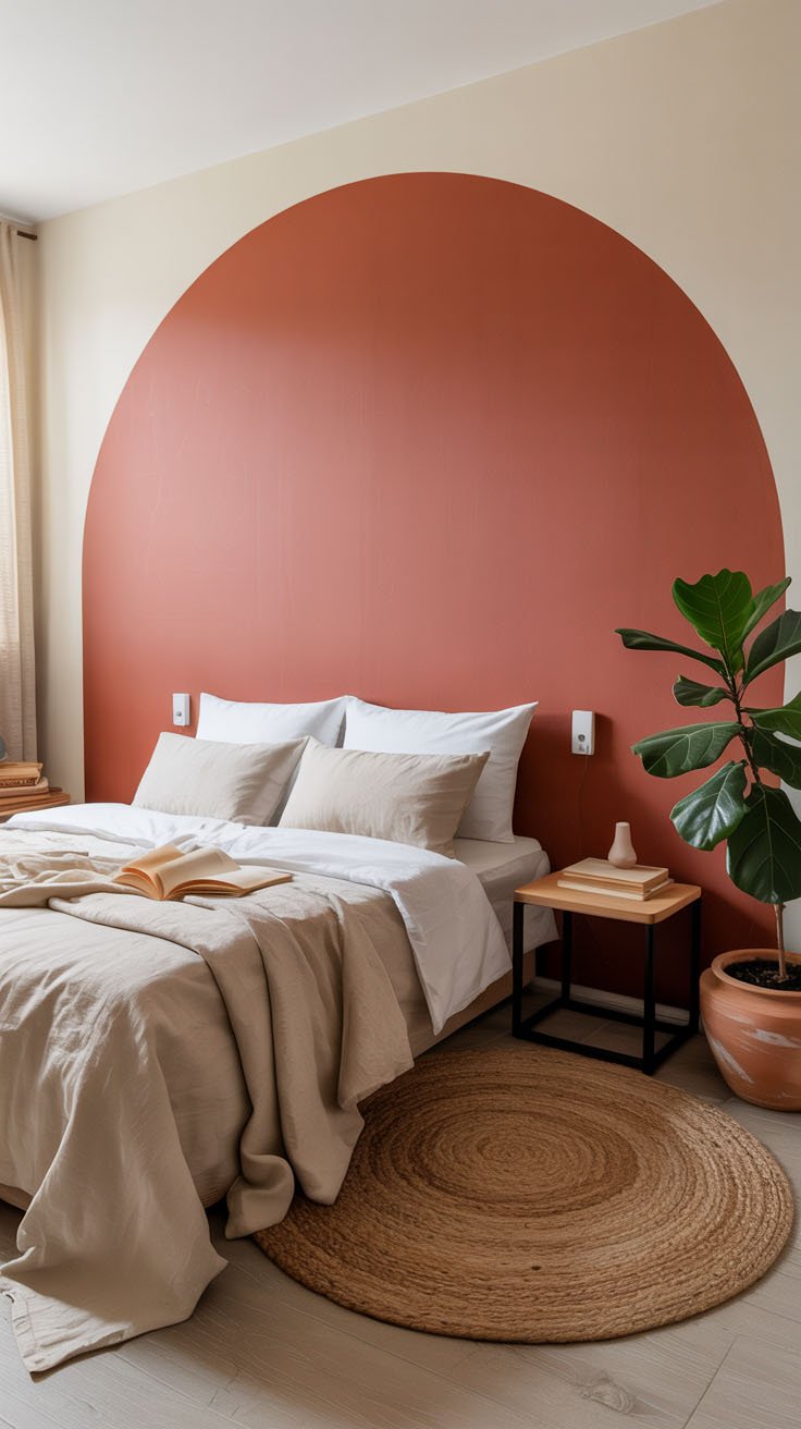 Mur avec arche peinte en terracotta derrière le lit