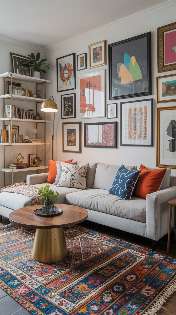 Salon éclectique avec mur de cadres colorés et canapé gris