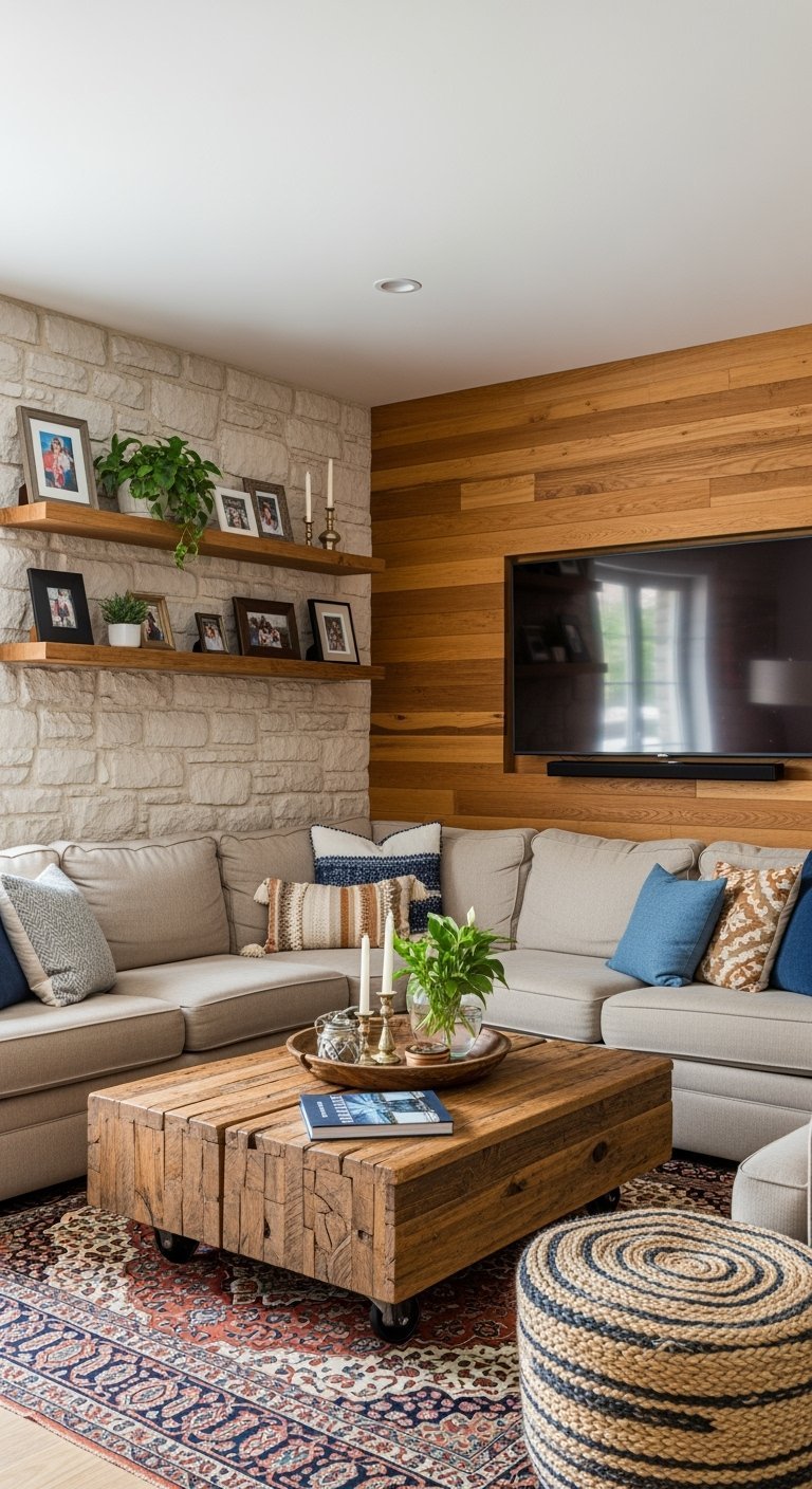Salon rustique avec mur en pierre et table basse en poutres de bois