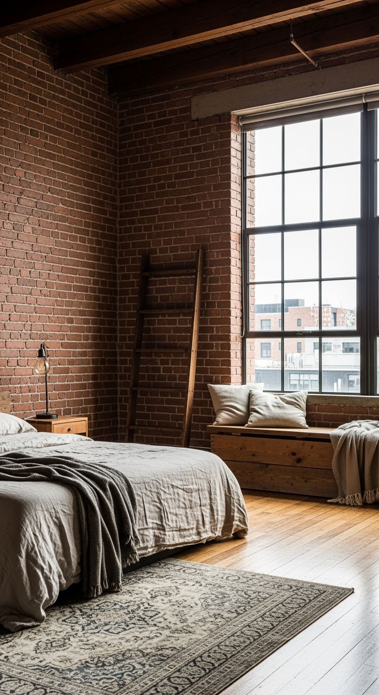 Chambre de style loft avec un mur en briques rouges apparentes et un sol en bois