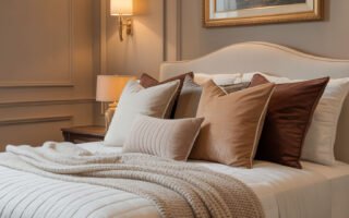 Chambre élégante aux tons beiges avec de multiples coussins