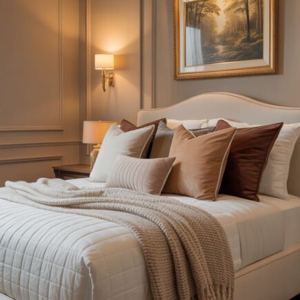 Chambre élégante aux tons beiges avec de multiples coussins