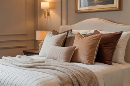 Chambre élégante aux tons beiges avec de multiples coussins