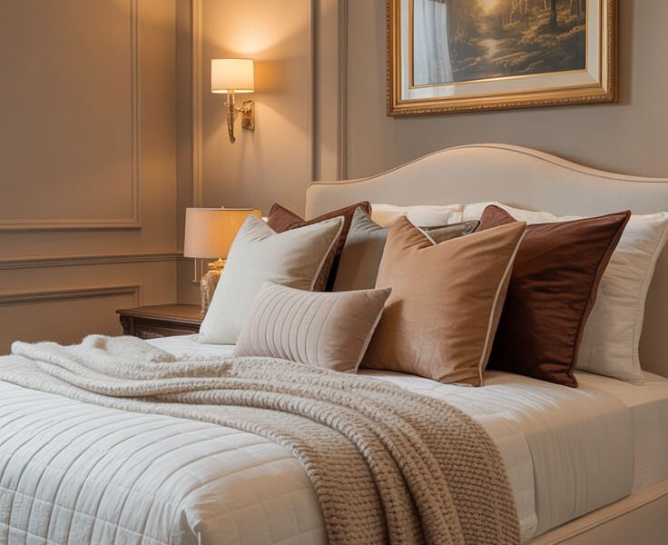 Chambre élégante aux tons beiges avec de multiples coussins
