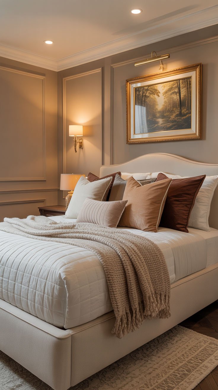 Chambre élégante aux tons beiges avec de multiples coussins