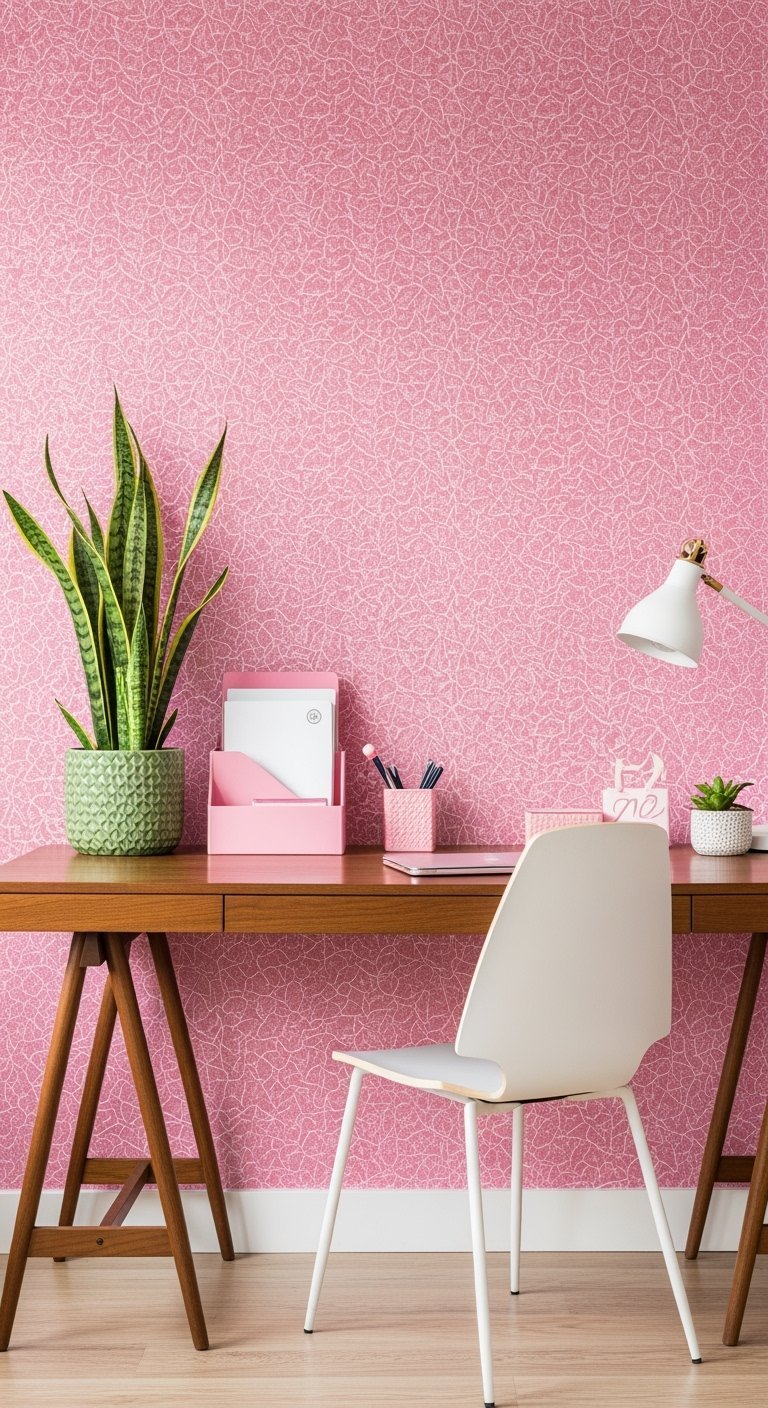Bureau en bois sur tréteaux devant un mur au papier peint texturé rose