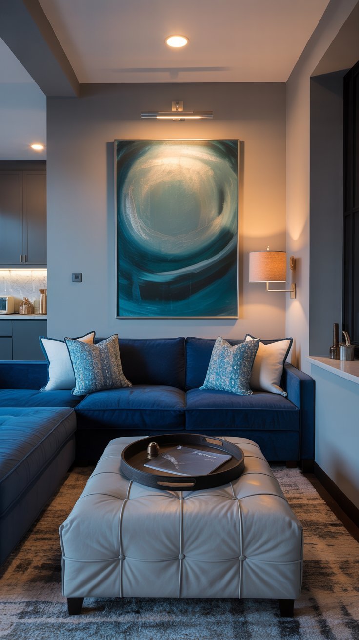 Canapé dangle en velours bleu avec pouf en cuir gris