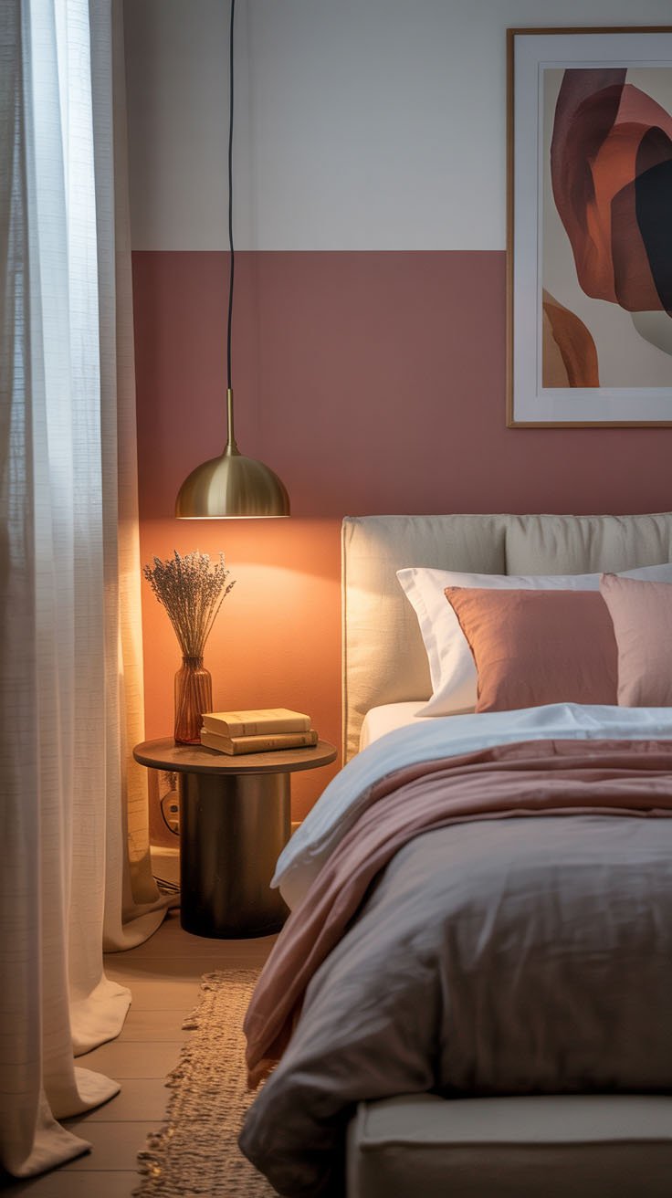 Chambre avec mur bicolore rose et blanc et suspension en laiton