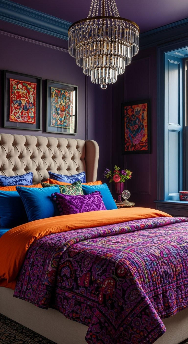 Chambre opulente avec murs violets et lustre en cristal