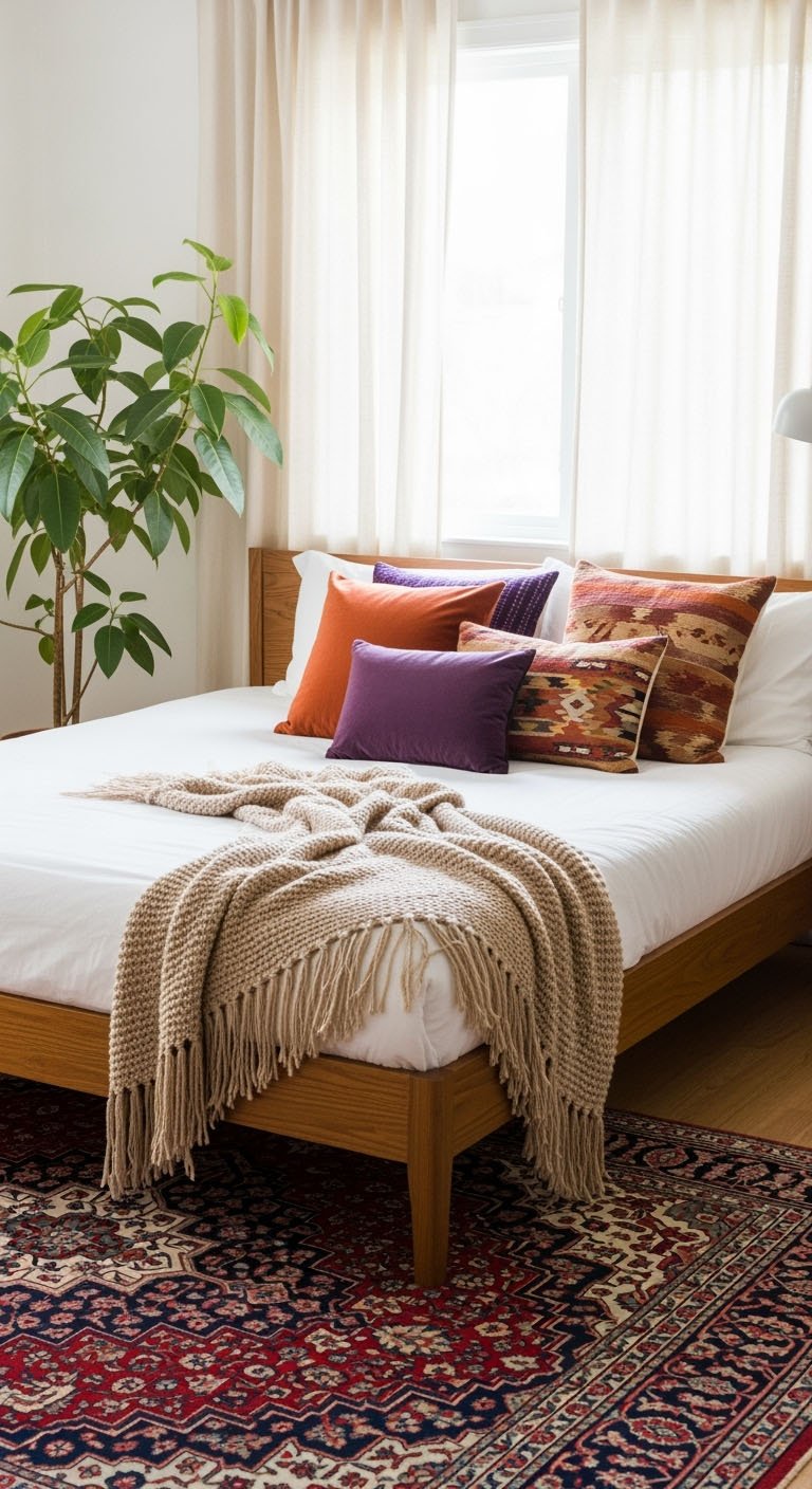 Chambre style retro avec des coussins aux couleurs vives des annees