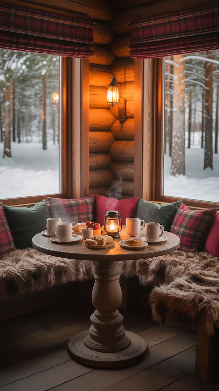 Coin repas circulaire avec vue sur une forêt enneigée